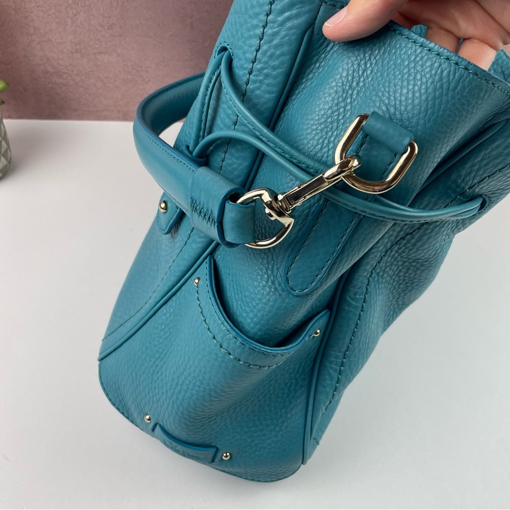 Cole Haan Teal Blue Leather Gold Buckle Purse Handbag Bag Women Designer - Picture 7 of 11